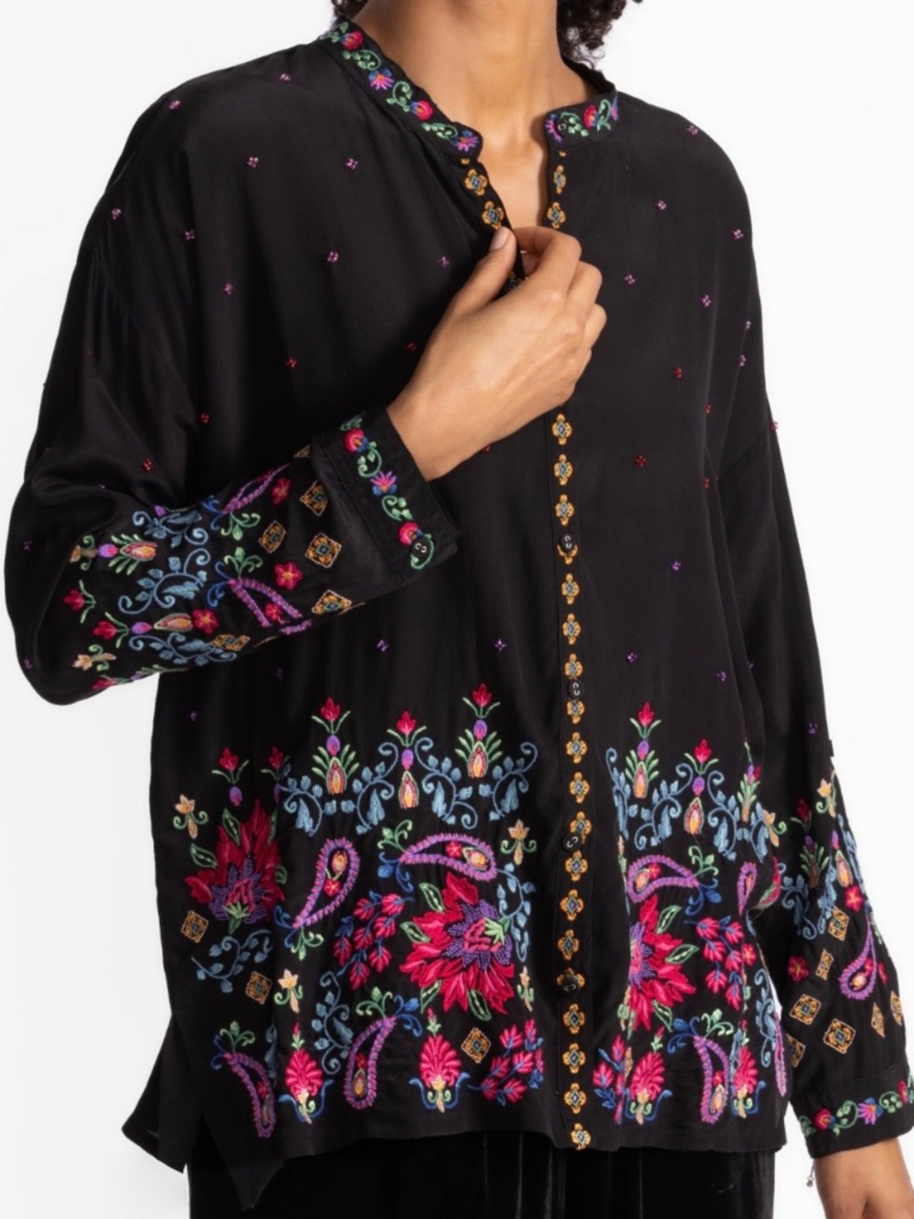 NEW TAGS Johnny Was XS Audrey Mandarin Teresa Top Shirt Black Floral Embroidered